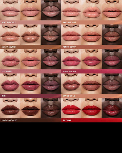 Shade grid of full Gloss Bomb Stix Collection on 3 skin tones each.
