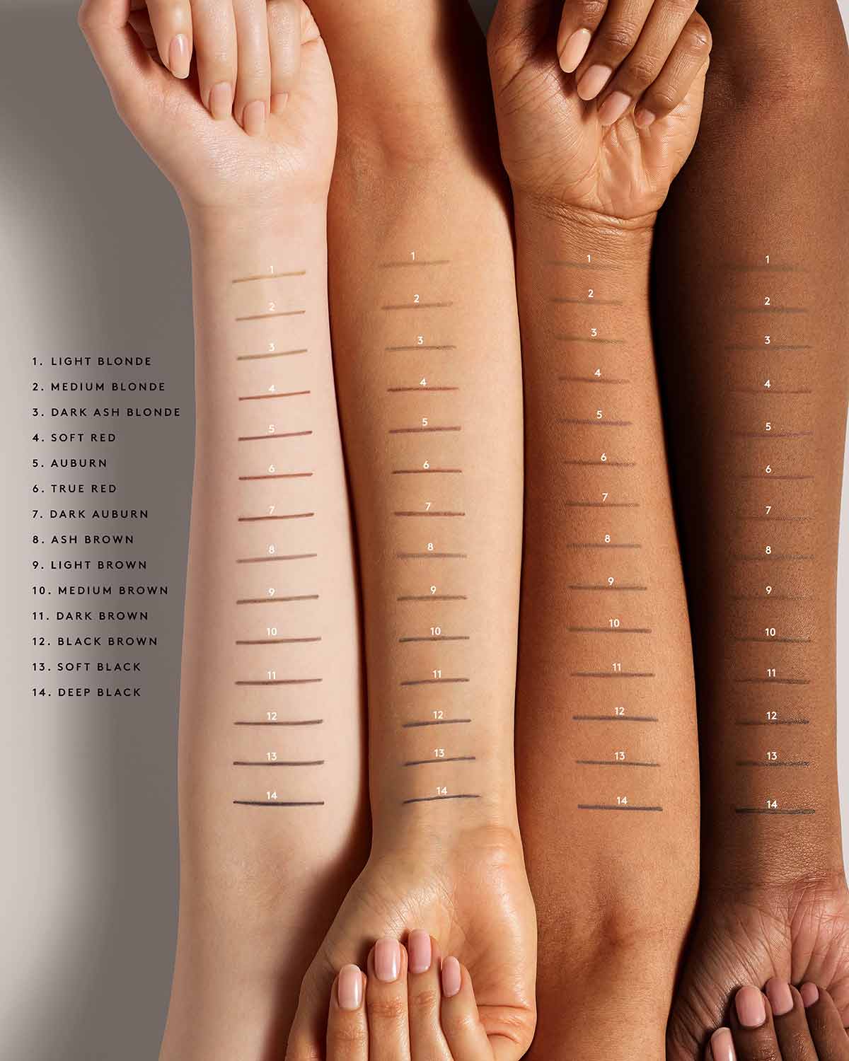 Arm swatches of Fenty Beauty Brow MVP Ultra Fine Brow Pencil & Styler shade collection.