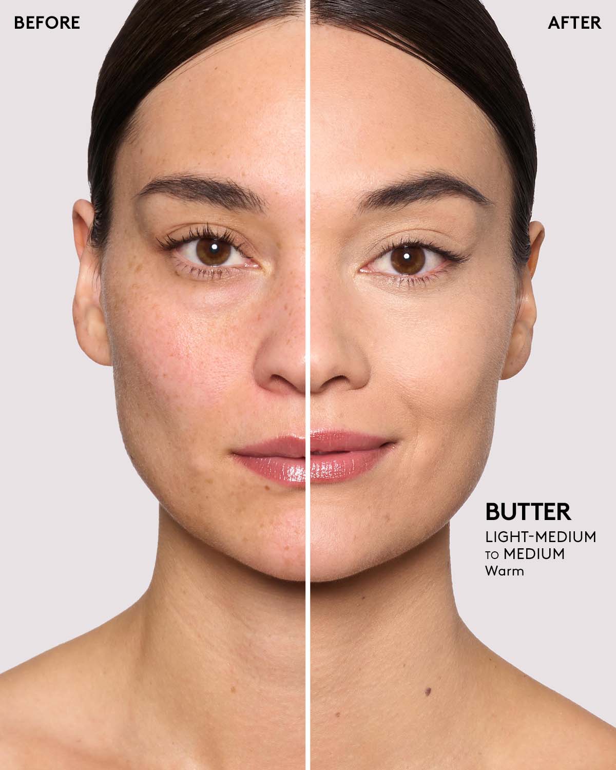 before and after of light-medium skin toned model wearing butter pro filt'r setting powder