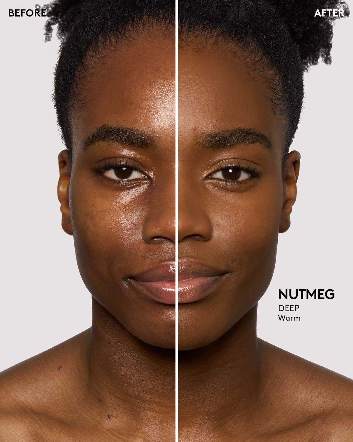 before and after of deep skin toned model wearing nutmeg pro filt'r setting powder