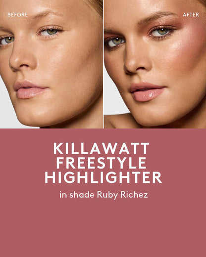 before and after of medium skin toned model wearing killawatt freestyle highlighter in shade ruby richez