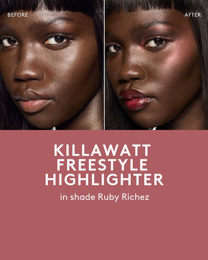 before and after of deep skin toned model wearing killawatt freestyle highlighter in shade Ruby Richez