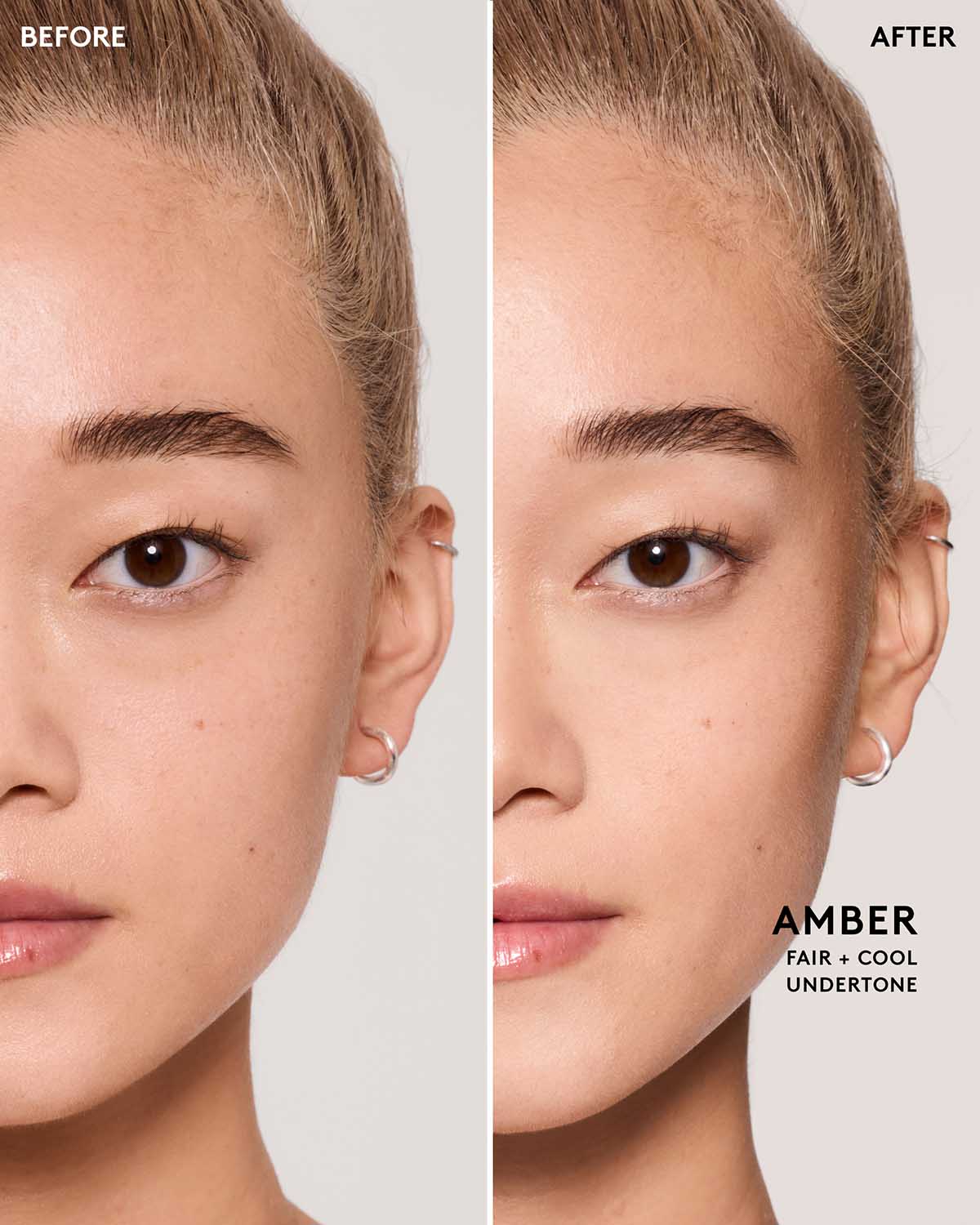 Before and after of model wearing match stix contour in shade amber.