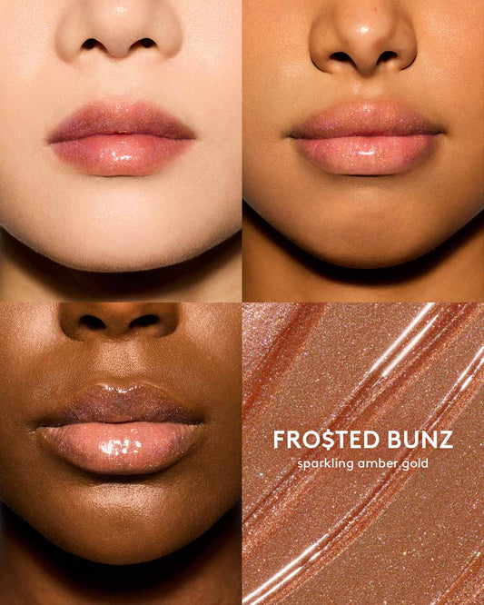 Gloss Bomb Oil Luminizing Oil and Gloss in shade Frosted Buns on light, medium, and deep skin tones. Frosted Buns is a sparkling amber gold.
