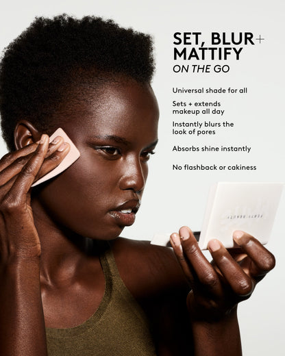 Person applying makeup with a sponge, text about makeup product features.