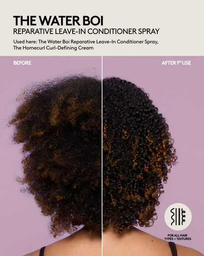 The Water Boi Reparative Leave-In Conditioner Spray before and after on colored coily hair.