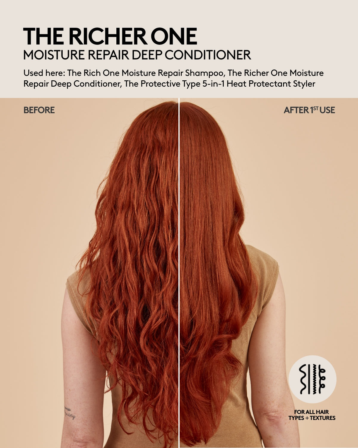 Wavy long hair before and after one use of Fenty Hair shampoo, deep conditioner, and heat protectant hair styler. Hair is smooth, frizz-free, shiny, appears healthier and hydrated. Fenty Hair is for all hair types + textures.