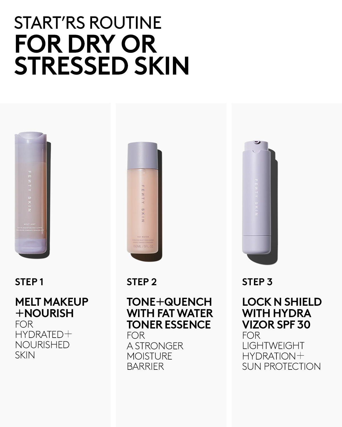 start'rs routine for dry or stressed skin. step 1: melt awf. step 2: tone + quench. step 3: lock n shield