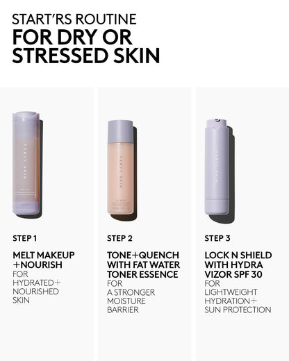 start'rs routine for dry or stressed skin. step 1: melt awf. step 2: tone + quench. step 3: lock n shield
