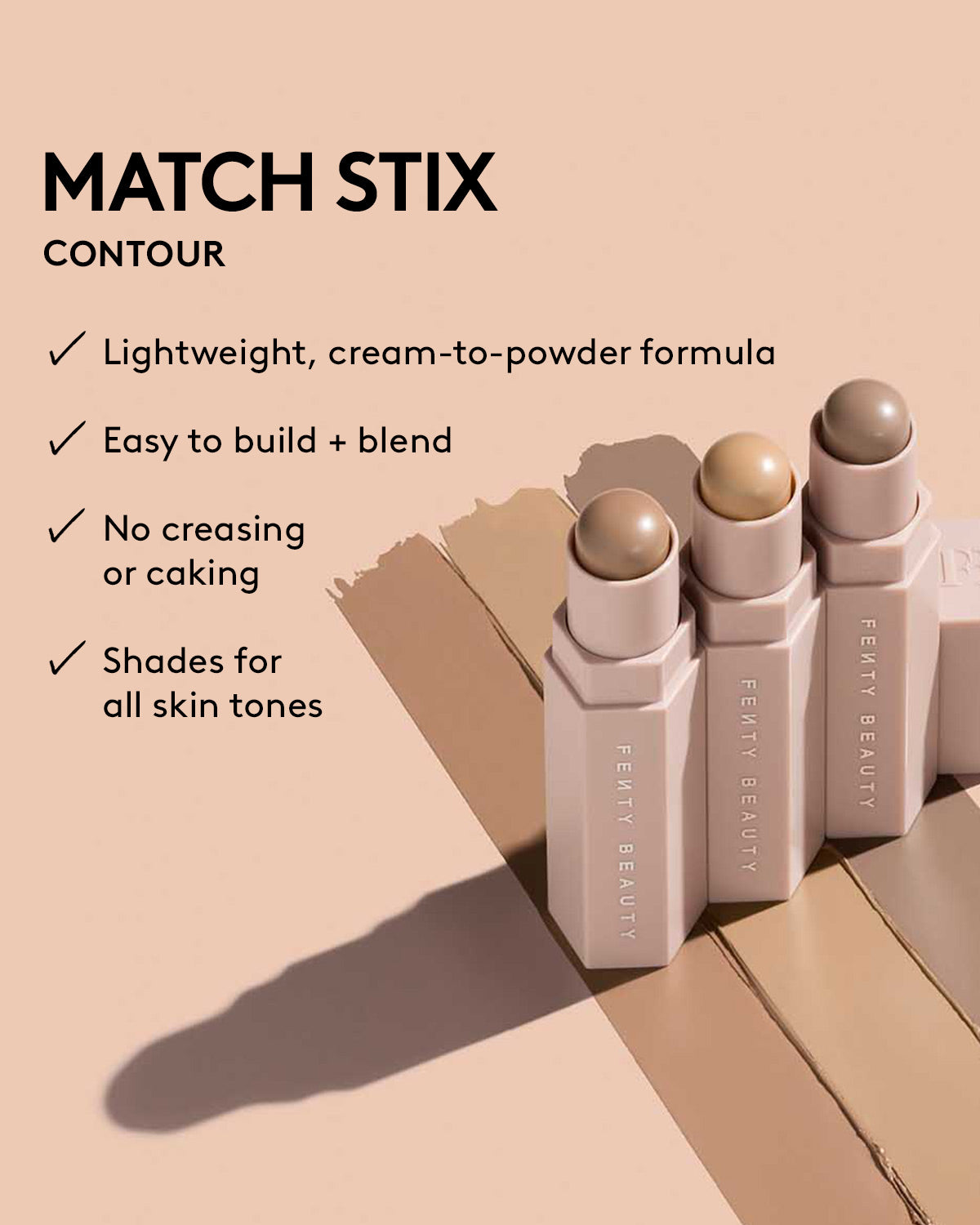 Infographic with text on the left and image of Match Stix Contour on the right. Text reads: Lightweight, cream-to-powder formula, Easy to build + blend, No creasing or caking, Shades for all skin tones.